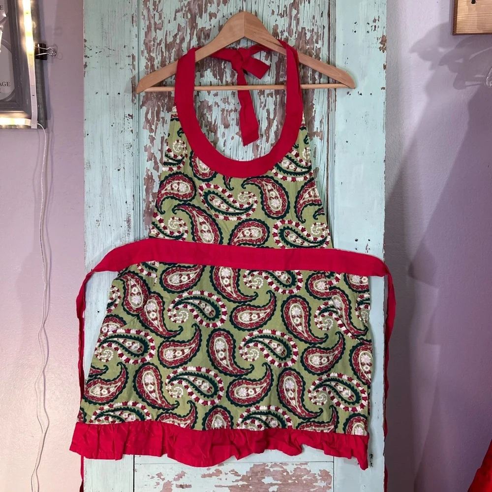 Adult red and green paisley print apron